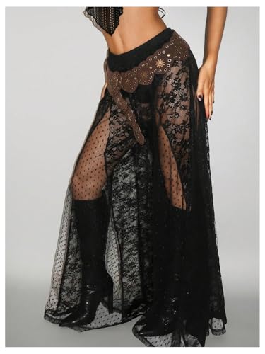 Women's Y2K Floral Lace Wide Leg Pants Sexy Mesh Sheer Ruffle Flowy Pant Gothic Rave Trousers Clubwear4