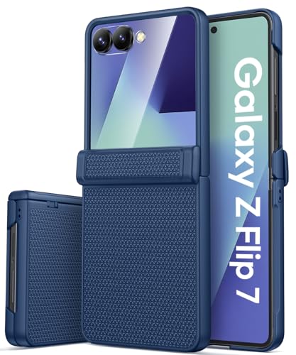 Vihibii for Samsung Galaxy Z Flip 7 Case Slim with Rugged Hinge Protection & Outer Screen Protector & Non-Slip Texture, Durable Shockproof Protective Cover Phone Case for Galaxy Z Flip 7 5G 2025, Blue