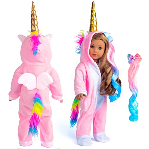 sweet dolly Doll Clothes Unicorn Costume Onesie Pajamas Rainbow Color Hair Bow Clips Fits 18 Inch Doll