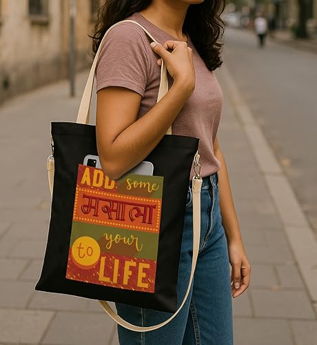 Image of ZORI Black Sling Tote Bag With Pocket and with Beige Straps, Tote Bags For Women large capacity,Tote bag For Shopping, College, Travel, More Canvas Handbag For Unisex