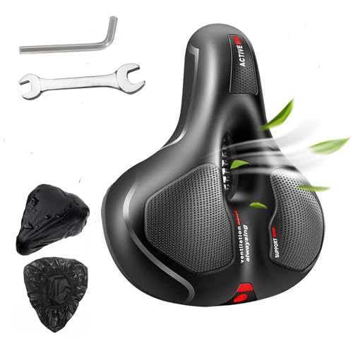 Hmfmdy Selle de vélo, Selle de vélo avec double ressort, Selle de vélo ergonomique - avec couverture imperméable et clé à molette pour vélo de montagne,...