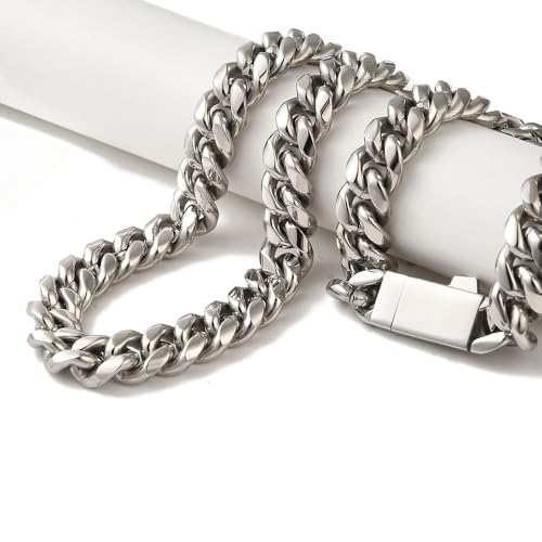 Image of 'Elite Heavyweight Link' 12mm Thick Curb Chain Necklace for Men | Anti-Tarnish Hip-Hop Necklace | Titanium Steel Silver Finish | Trendy Streetwear Jewelry for Boys & Men | Durable, Rust Resistant (NK1578) 1 Pc