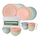 greenandlife Premium 16pcs Service for 4 Plastic Dinnerware Set, Unbreakable Reusable Microwave Safe Lightweight Plates and Bowls Sets Cups Dishwasher Safe Dishes for Outdoor Camping, RV Multicolor
