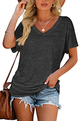Image of WIHOLL Womens Summer T-Shirts Short Sleeve V Neck Dolman Tops with Side Shirring Loose Fit Shirts Spring Fashion
