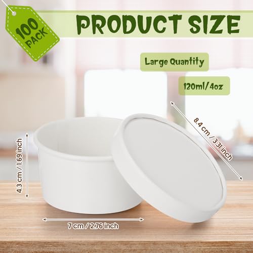 Image of Fulmoon 4 oz 100 Pack Paper Containers with Lids Soup Bowl Cup, White | Disposable Ice Cream Cup, Kraft Food Containers with Vented Lid Stackable for Hot Soup Dessert Cake Fruit Microwave Takeout