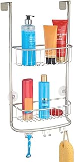 mDesign Over Door Shower Caddy - Toiletry Storage Shelves - Hanging Bathroom Organiser with Hooks for Loofahs - Satin