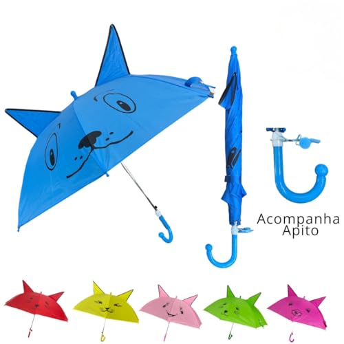 Guarda Chuva Infantil Sombrinha Personagem Gato Cachorro | Menino | Menina | Com Apito | Automático