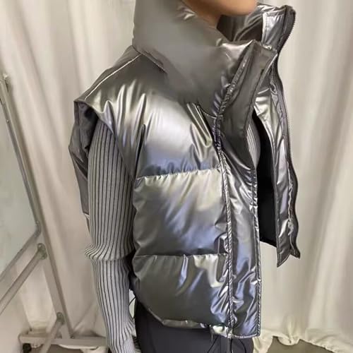 FindThy Women’s Cropped Puffer Vest Shiny Metallic Stand Collar Sleeveless Winter Quilted Down Jacket Coat with Pockets2