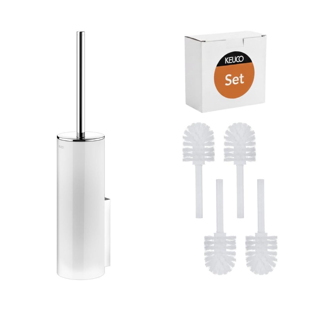 KEUCO Edition 400 Set aus WC-Bürstengarnitur & 4 Bürstenköpfen, verchromt | Bürstengarnitur mit Glasgehäuse und Bürste, Ersatzköpfe weiß, inkl. Schrauben und Dübel, Bürstenhalter mit Klobürste