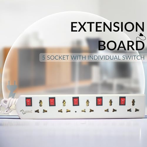 Image of MULTYBYTE 5 Socket 5 Switch Power Saving Outlet Extension Board, High Speed, Fast Charging- Power Strip, Surge Protector, 4M Cable Shockproof Fire-Retardant, Multipurpose Use Spike for Home & Office