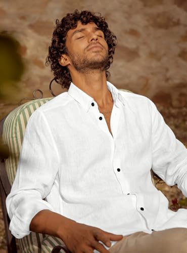 Image of Men's Long Sleeve Linen Shirt, Button Down, Casual Collared, Full Sleeve Shirt