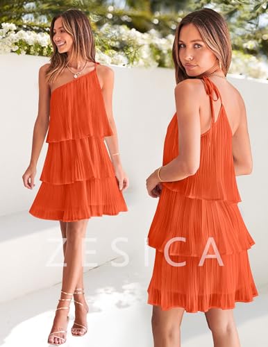 Image of ZESICA Women's Boho Summer One Shoulder Sleeveless Ruffle Tiered Layered Chiffon Pleated A Line Flowy Mini Dress