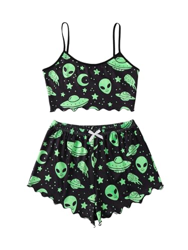 WDIRARA Women's 2 Piece Sleeveless Pajama Set Alien Graphic Sleepwear Crop Cami Tops and Shorts Pjs Sets