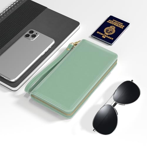 Image of Nipichsha RFID Wristlet Wallet for Women, Large Credit Card Clutch Purse with Zipper & Phone Holder, Leather Card Holder with Wrist Strap, Green