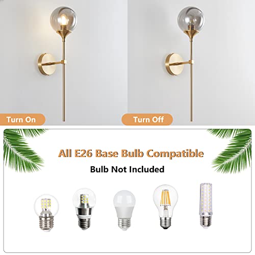 Image of KCO Mid-Century Modern Wall Mounted Sconces Set of 2 Smoke Gray Glass Globe Wall Lamps with Long Arm Industrial Gold Wall Lights Fixture for Bedroom Bedside Stairway Hallway