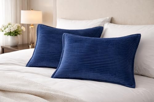 Image of RD TREND Presents Velvet 250 GSM Self Stripe Pillow Covers Set of 2 with Zipper, Size -18 inch x 28 inch Inches (45x71 Cm) (Navy Blue)