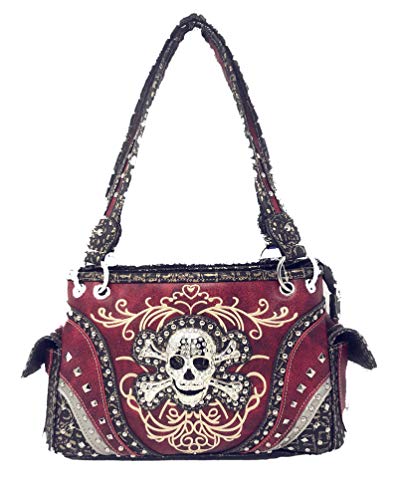 western rhinestone skull concho stitched handbag purse set red2