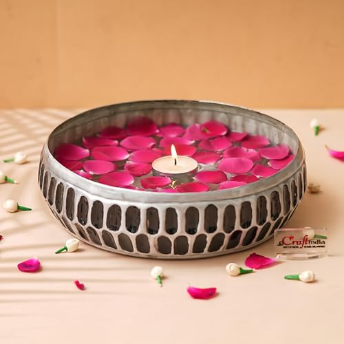 Image of eCraftIndia Black Silver Metal Urli Bowl for Home Decoration Office Tv Unit Kitchen Showpiece for Good Luck | Urli for Floating Candles Flowers for Pooja Room Entryway Living Room Diwali Gift