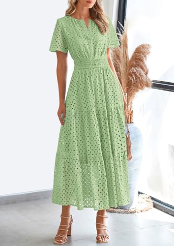 PRETTYGARDEN Womens 2026 Summer Maxi Dress Short Sleeve V Neck Hollow Out Eyelet A Line Long Flowy Beach Vacation Dresses (Bean Green,Small) — view 6