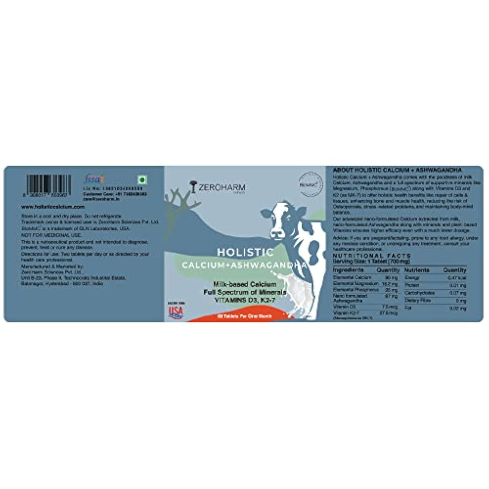 ZEROHARM Holistic Calcium and Ashwagandha Tablets, 120 Tablets