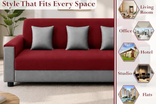 Image of 3 Seater Wooden Sofa | Velvet Fabric Couch with Cushions | Comfortable Living Room Sofa | Sturdy Wooden Frame | Home & Office Furniture | Red & Grey