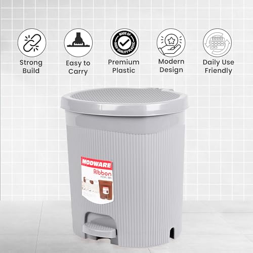Image of MODWARE Premium Ribbon Plastic Pedal Dustbin with Removable Inner Bucket I PP Polypropylene Material I Foot Pedal for Hands-Free operation I for Kitchen, Office, College (Grey)