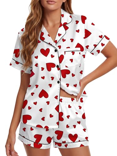 LYANER Women's Satin Silky Soft Pajamas Set Heart White Medium