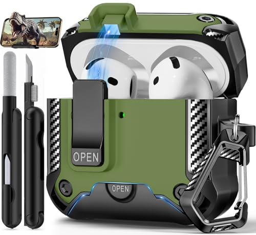 Image of for AirPods 4 Case with Lock & Phone Stand(Dark Green) | Automatic Snap Switch Lock,Carbon Fiber Texture Design Cover with Cleaner Kit