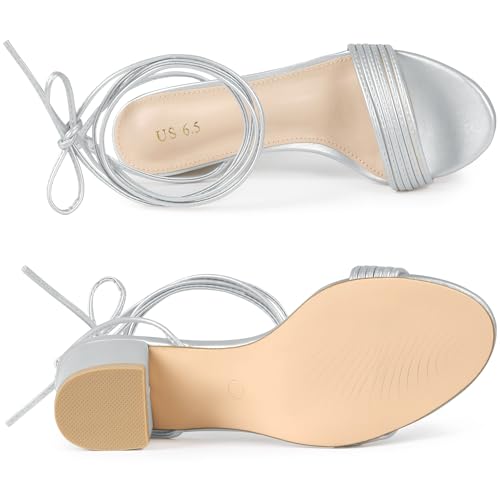 Allegra K Allegra K Women's Sparkle Strappy Silver Heels Lace Up Block Heel Sandals 5.5 M US