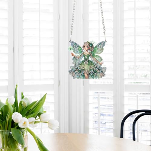 Image of Diamond Art Painting Hanging Pendants Kits Green Butterfly Fairy DIY Crystal Rhinestone Wreath Kits, Colored Point Crystal Diamond Art Window Pendants Home Garden Wall Door Birthday Festival Gifts