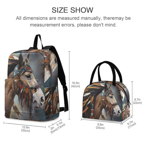 Backpack Lunch Box Set Large Capacity Travel Backpacks and Insulated Lunch Bag for Commute Hiking Picnic Indian Horse Print2