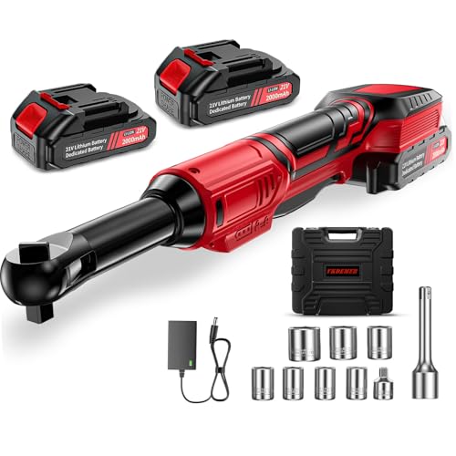 Vkdemer 3/8 Cordless Ratchet Wrench Set, 60FT-LBS Extended Electric Ratchet with 400RPM Variable Speed, 21v Power Ratchet with 2x2.0Ah Battery, 7 Sockets, 1/4 Adaptor, 3'Extension Bar