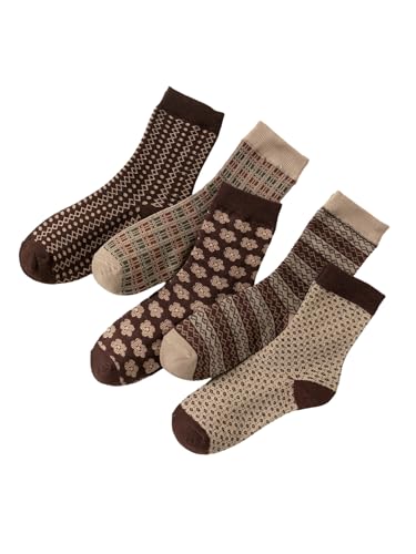 WDIRARA Women's 5 Pairs Pattern Socks Vintage Comfy Breathable Crew Socks