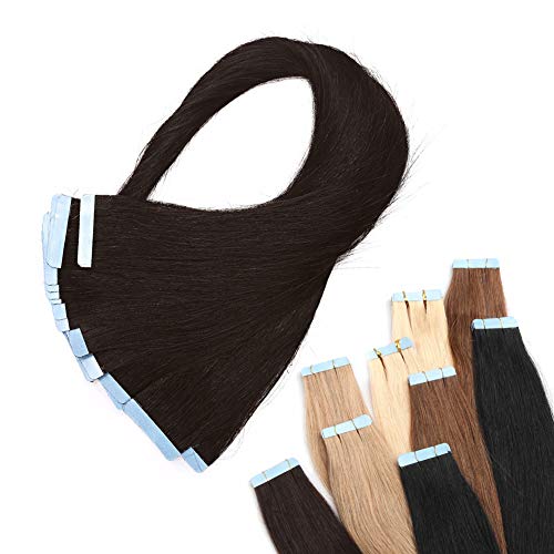 Tape in Hair Extensions Human Hair Off Black Tape in Remy Hair Extension Invisible Skin Weft Tape ins Seamless Double Sided Tape on 30g Thin 20pcs for Women Long Straight Natural Black 14inch #1B