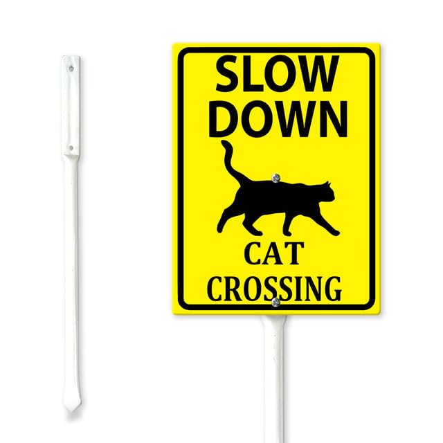 Geroclonup 20x30cm Slow Down Sign Cat Crossing Signs with Stakes Sturdy Aluminum Metal Signs Rust Free Warning Sign Yard Sign Slow Down Cat Crossing Sign