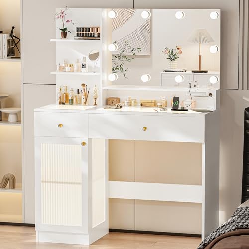 INNOD 40' Vanity Desk with Large Mirror and Lights, Modern Glass Top Makeup Vanity Set with Power Outlet, Drawers and Cabinet, 3 Lighting Color Adjustable Dressing Table for Bedroom,White