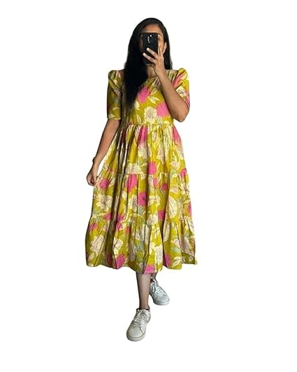 Image of Women's Floral Printed Tiered Midi Dress, Puff Sleeves, Square Neck, Button-Front