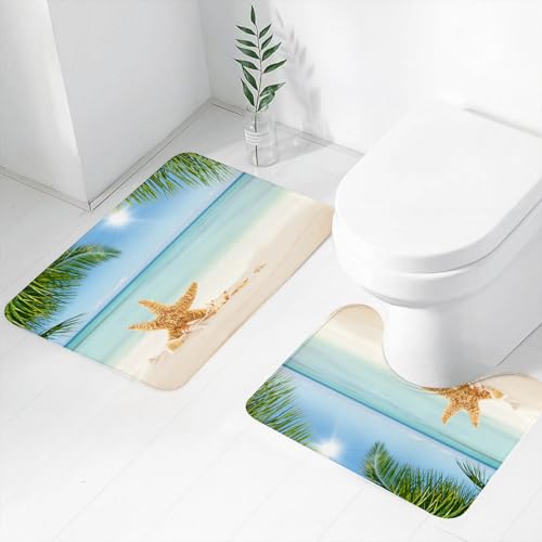 EYLOZS Badezimmerteppich Set 2 Teilig Waschbar rutschfeste Badematte Toilettenmatte Weich Saugfähige Badteppiche,Ozean, Grafik eines sommerlichen Sandstrandes mit majestätischen Seesternen auf tropis – Bild 4