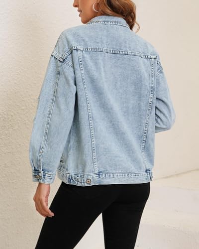 Kedera Pearl Beaded Denim Jacket for Women Button Down Oversized Jean Jacket Distressed Long Sleeves Cropped Casual Coat3