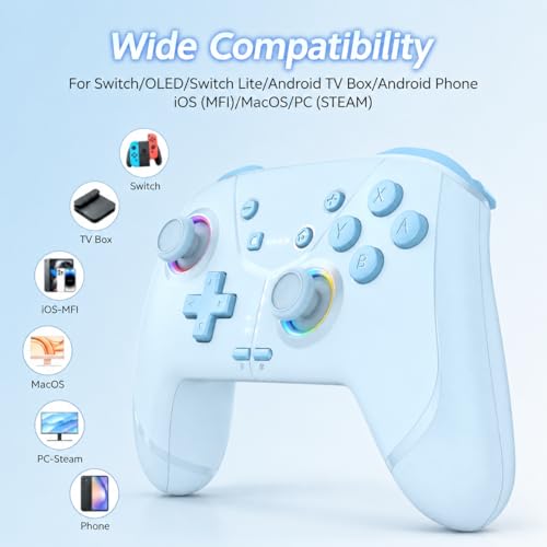 Image of Switch Controller, Wireless Pro Controller for Nintendo Switch 2 /Switch /Lite /OLED, Bluetooth controllers Compatible with iPhone /Mac /iPad /iOS /Android /Phone /PC /Steam and TV with Programming /RGB4 /Vibration / 3 Turbo Modes /6-Axis /Motion (Blue)