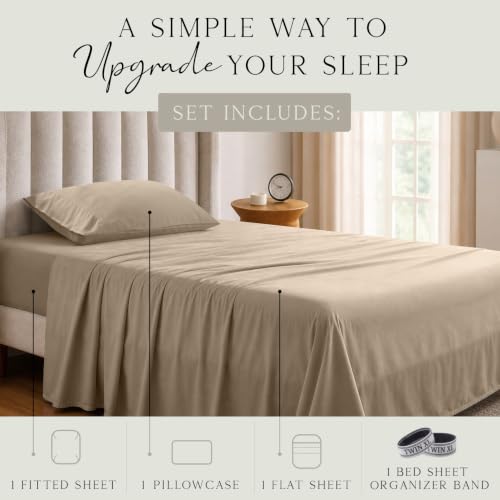 Image of KARISSA MAE Luxury Bamboo Viscose Twin XL Size Sheet Set | FSC Certified | Cooling | Ultra Soft | 18 inch Deep Pockets | Elastic Corner Straps | Includes Organizer Band [Wheat]