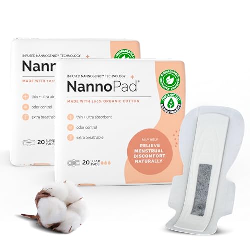 Image of Organic Pads for Women - 100% Organic Cotton Overnight Pads with Wings - High Absorbency (180mL), Comfortable & Ultra-Thin - No Fragrances, Odor-Control, Breathable - Super (2 Pack, 40 Count)