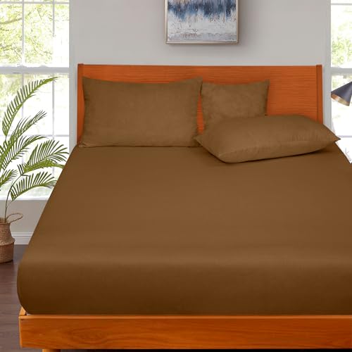 Image of ROYALE LINENS 300 Thread Count 100% Long Staple Combed Cotton Fitted Sheet Queen - Super Soft Deep Pocket Bottom Sheet - Fitted Sheets Only - Elastic Sheets (Queen, Chocolate)