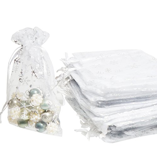100x Schmuckbeutel 16,5cmx22cm Schmuck Etui Geschenk Verpackung Organza Säckchen weiss silber Weihnachtsmotiv Schneeflocken 7889E Cover