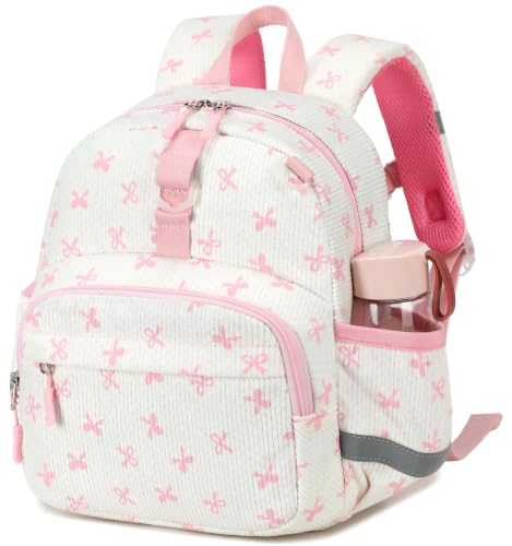 Image of LOIDOU Toddler Backpack for Girls Ages 2-4, 12 Inch Mini Preschool Daycare Bookbag with Insulated Snack Pocket, Corduroy Small Kids Travel Backpack, Pink Small Bow
