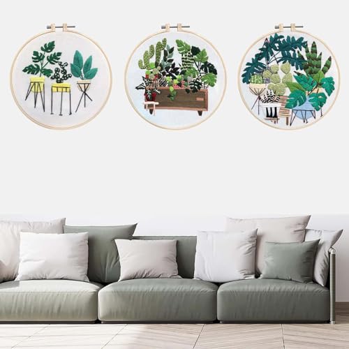 Image of Allazone 3 Sets Embroidery Kit for Beginners, Stitch Practice Kits for Craft Lover Hand Stitch with Embroidery Fabric with Stamped Pattern, Starter Stitch Kits Suitable for Adults (Plate Planting)