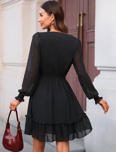 Image of Prettywear Women's Chiffon Long Sleeve Wrap Neck Wedding Guest Mini Dress | Wrap V Neck Smocked Waist Flowy Dress, Spring Fall Outfits for Cocktail, Vacation, Date Night Party