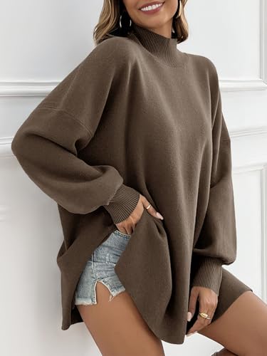 Saodimallsu Womens Turtleneck Oversized Sweaters Puff Sleeve Side Slit Casual Knit Tunic Pullover Tops4