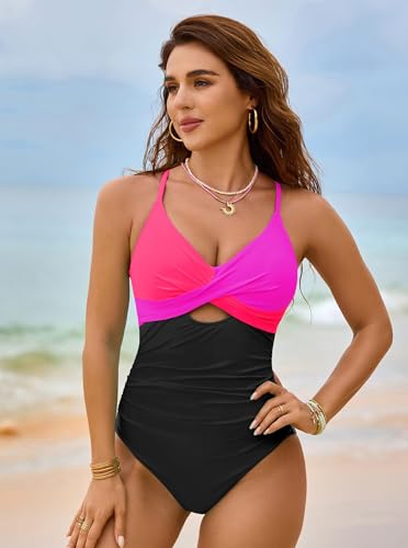 popvil One Piece Swimsuit Women 2025 Tummy Control High Waisted Bathing Suit V Neck Swimwear Cut Out Tie Back Swim Suits2