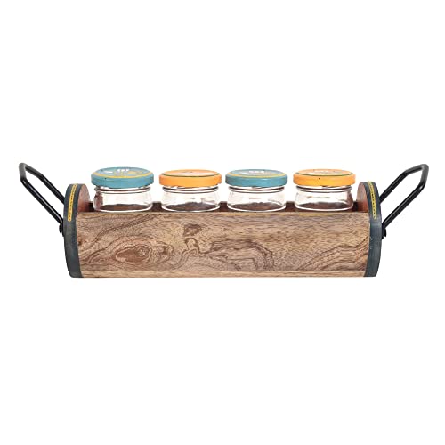 Image of AAKRITI ART CREATIONS Pichhwai Art Pickle Serving Jars and Tray | Handcrafted Glass Jars with Wooden Tray | Kitchen Storage Containers | Matte Finish Multicolor Dining Table Decor